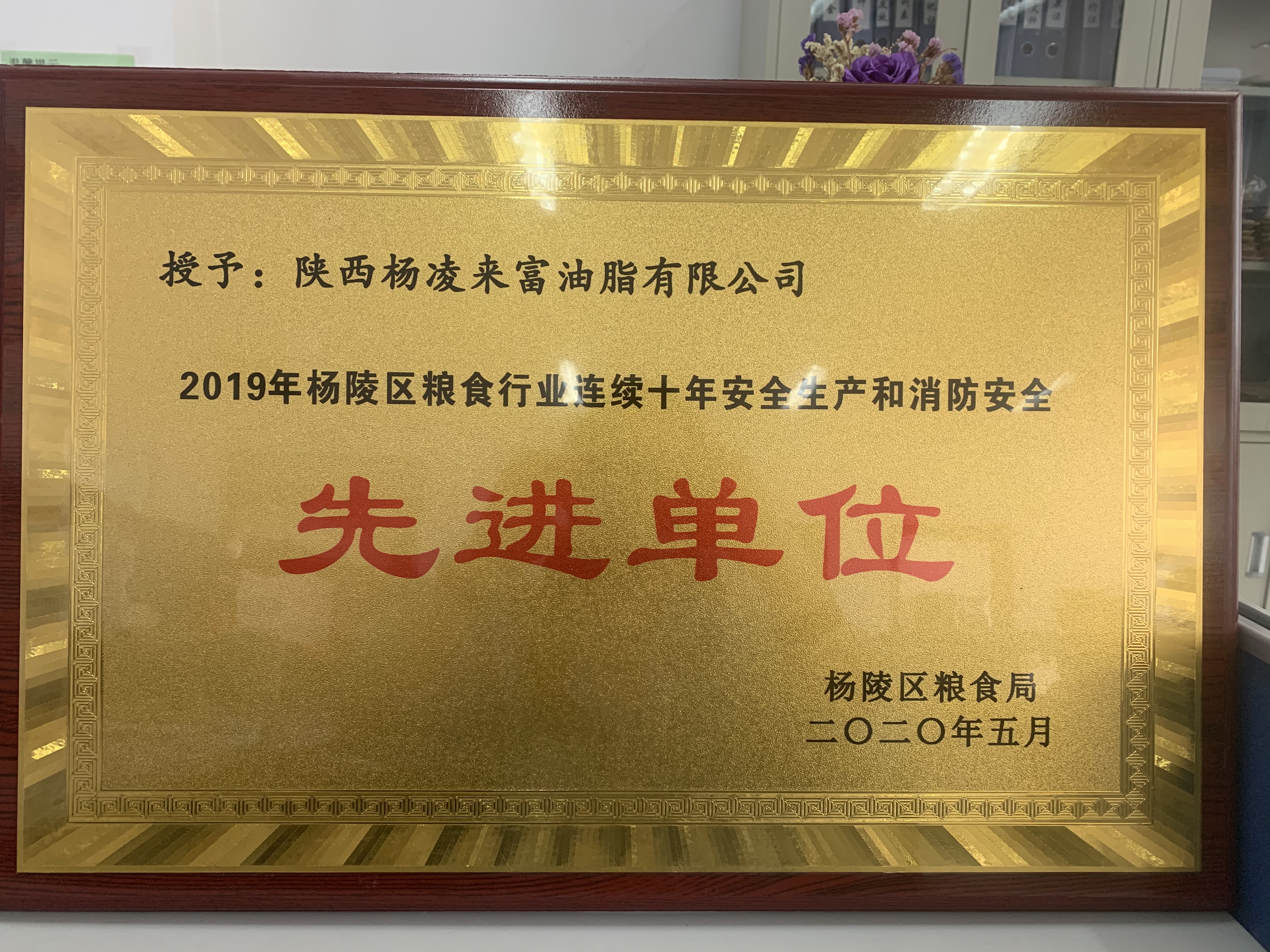 喜報！陜西糧農(nóng)油脂集團(tuán)楊凌來富公司榮獲楊陵區(qū)糧食行業(yè)連續(xù)十年安全生產(chǎn)和消防安全先進(jìn)單位